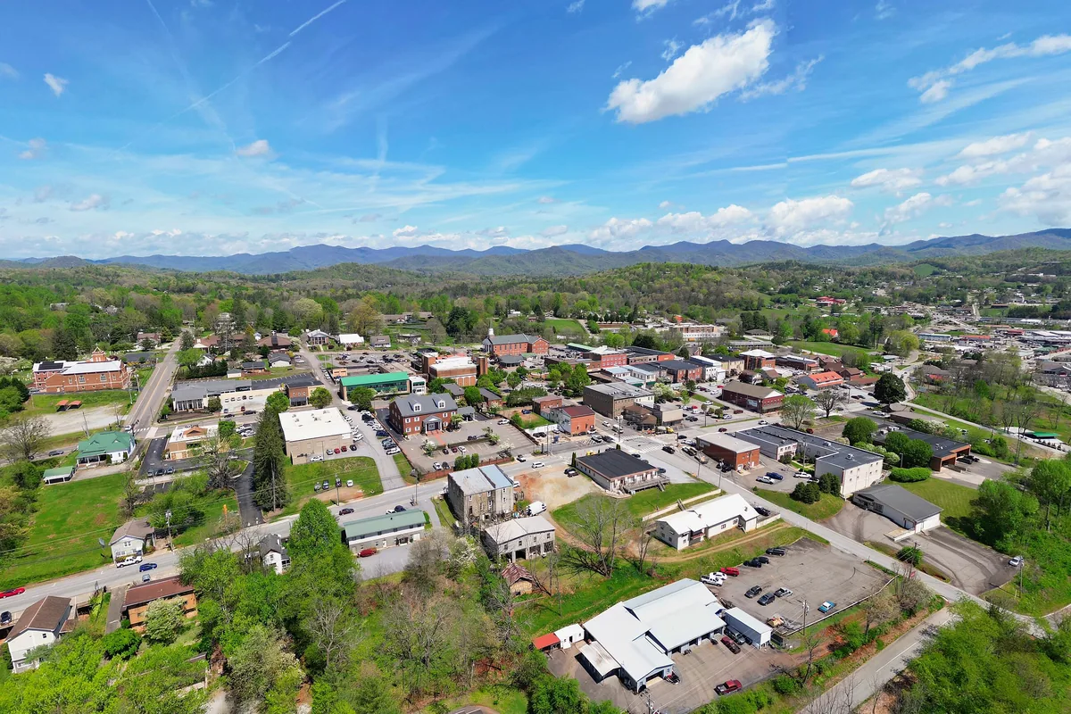Aerial view of downtown Franklin, the Macon County seat, with wooded ridges along the horizon