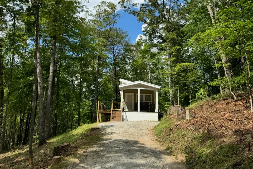 Gravel drive climbing through tall trees to a small cabin